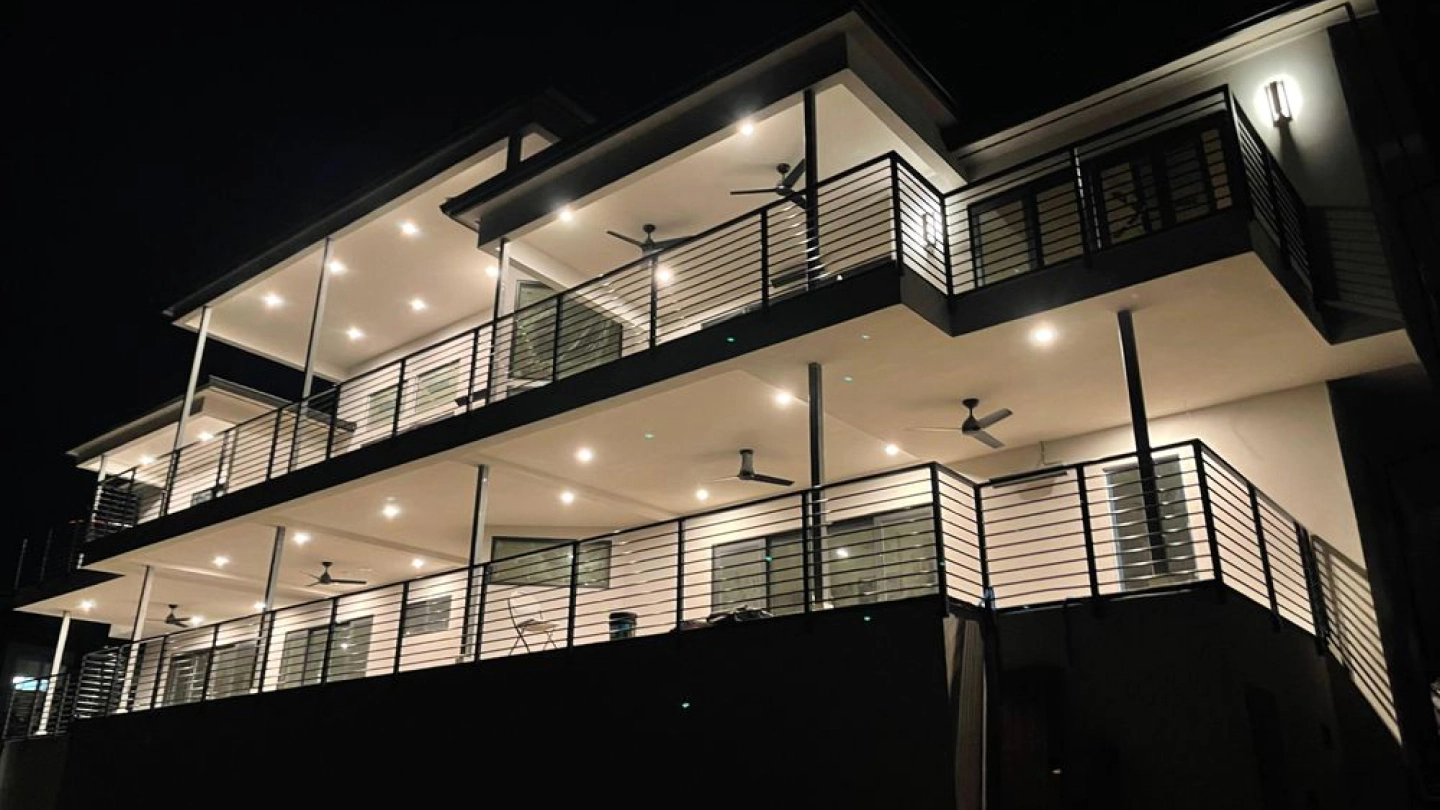 modern house exterior with lights